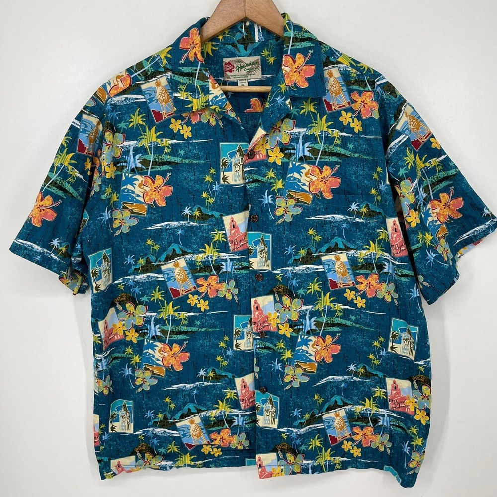 Hilo Hattie The Hawaiian Original Mens XL Blue Tropical Postcard Aloha Shirt